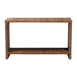 English Elm Bohemian Woven Seagrass Acacia Wood Console Table with Open Shelf for Entryway B2750P420413