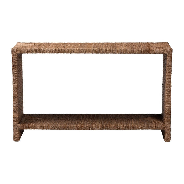 English Elm Bohemian Woven Seagrass Acacia Wood Console Table with Open Shelf for Entryway B2750P420413