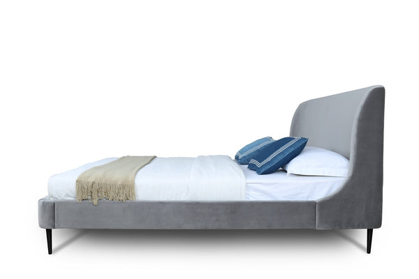 English Elm Queen Velvet Upholstered Bed Arched Headboard Mid Century Modern Bedroom Frame Grey+Black B365S00151