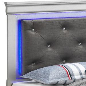 English Elm Lorana Twin Bed with Jeweled Tufted Headboard and LED Accents, Metallic Finish, Durable Wood Veneer Silver 85 L x 4 W x 8 H B078S00589