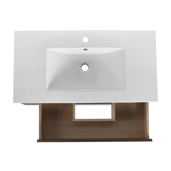 English Elm 36" Wall Mount Bathroom Vanity With High-Quality Ceramic Sink & Soft-Close Drawers For Storage W999S00143