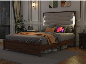 English Elm King Upholstered Bed Frame with LED Lights & Charging Station, Rivet Detail, Wood Slat Platform Brown Grey W636P176802