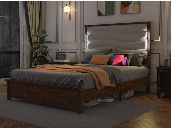 English Elm Queen Size Bed Frame with Upholstered Headboard, LED Lighting & USB Charging, Rivet Trim, No Box Spring Needed Beige W636P176805