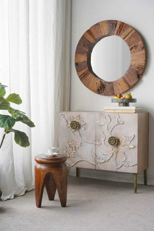 English Elm 11x11x16.5" Solid Paulownia Wood Side Table Hand Carved Three Leg Earthy Accent W2078P461605