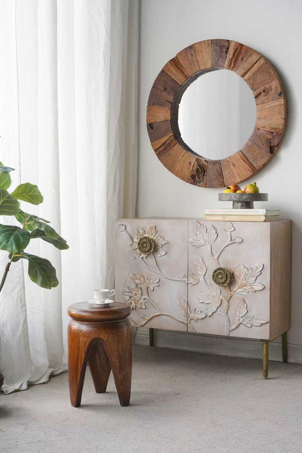 English Elm 11x11x16.5" Solid Paulownia Wood Side Table Hand Carved Three Leg Earthy Accent W2078P461605