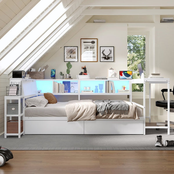 English Elm Corner Twin Platform Bed Bookcase Led Lighting Charging Station Underbed Storage W1670P428875