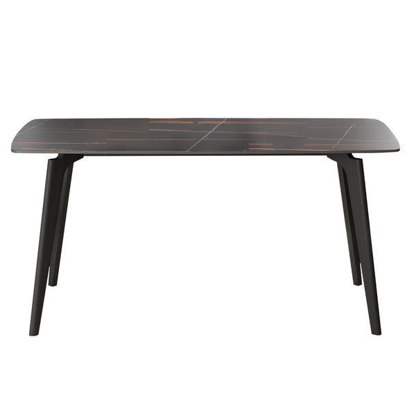 English Elm 62.99" Modern Artificial Stone Dining Table With Black Curved Edges, Metal Legs - Seats 6 Comfortably W1535S00516