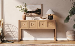 English Elm [video] Art Deco Console Table Geometric Carved Fronts Fluted Legs 3 Soft-close Drawers Light Brown N759P433572T