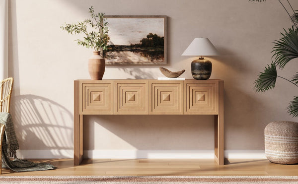 English Elm [video] Art Deco Console Table Geometric Carved Fronts Fluted Legs 3 Soft-close Drawers Light Brown N759P433572T