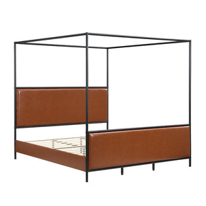English Elm King Canopy Bed Iron Four Post Frame with Pu Leather Upholstered Headboard Footboard N757K343427O