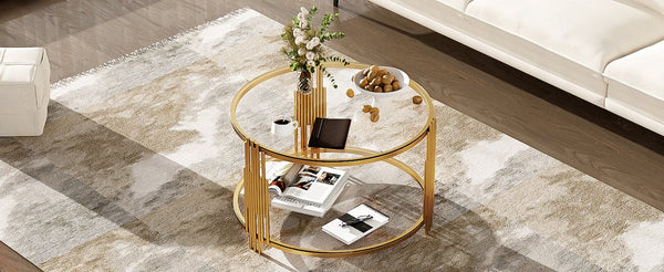 English Elm Modern Glass Coffee Table 31.5" – Asymmetrical Gold Metal Drum Base, Tempered Clear Top & Lower Shelf N735P177478K