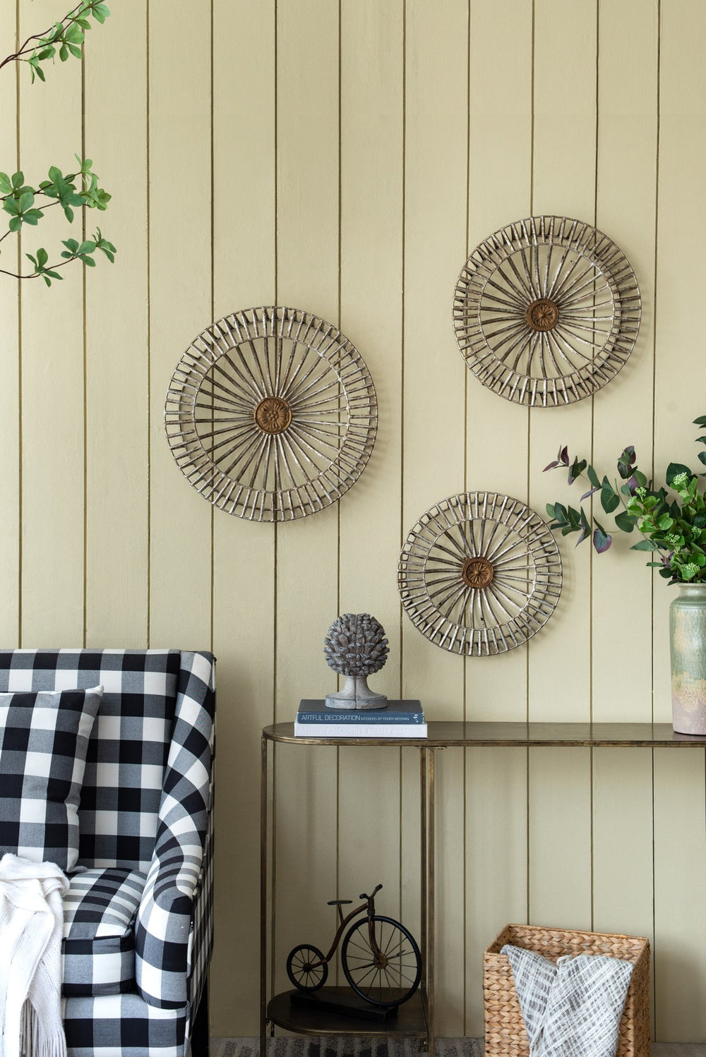 English Elm Set of 3 Jennings Metal Discs Decorative Wall Shields with Floral Medallion Center for Mantel Decor W2078P318076