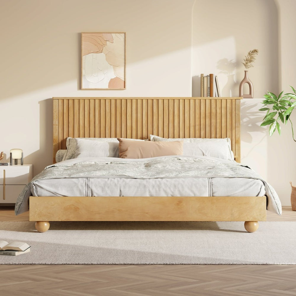 English Elm Natural Solid Wood King Bed Reeded Headboard Scandinavian Minimalist Bedroom Frame N758K631920N