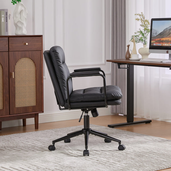 English Elm Office Mid Back Desk Chair with Double Sponge Cushion, Ergonomic Recline 40° and Wide Stable Base Black W1143P373974
