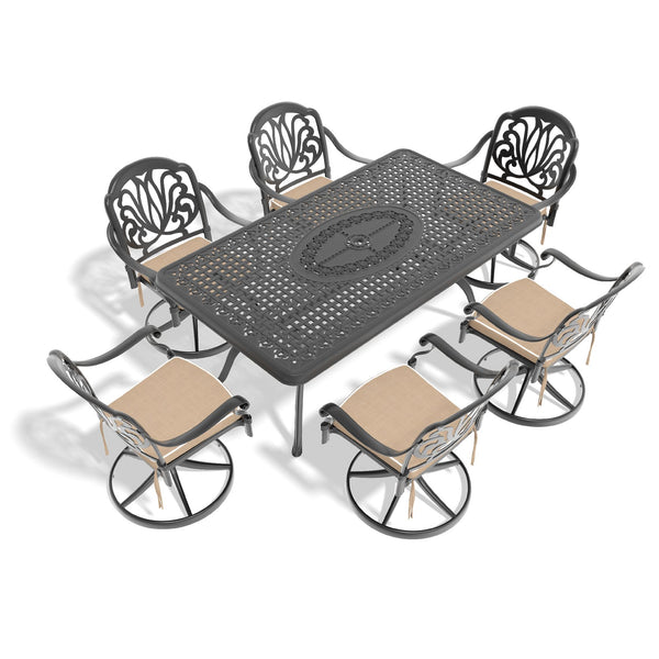 English Elm 7-Piece All-Weather Cast Aluminum Dining Set With Swivel Chairs, Table, Cushions & Umbrella Hole W1710S00465