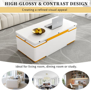 English Elm VIBE HAUS Lift-Top Coffee Table with Gold Trim, Foldable Workstation & Hidden Storage Stools Set White N893S000010K