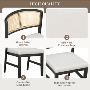 English Elm Rattan Back Armless Dining Chairs Upholstered Seat Rubberwood Frame Kitchen Set of 2 Black+Beige N842P400687B