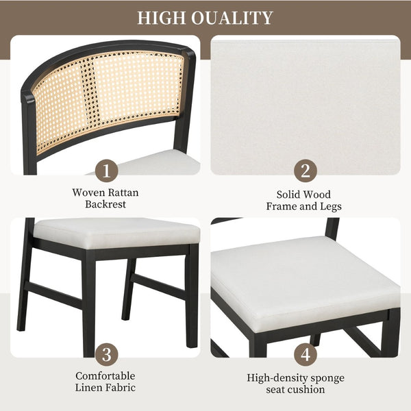 English Elm Rattan Back Armless Dining Chairs Upholstered Seat Rubberwood Frame Kitchen Set of 2 Black+Beige N842P400687B