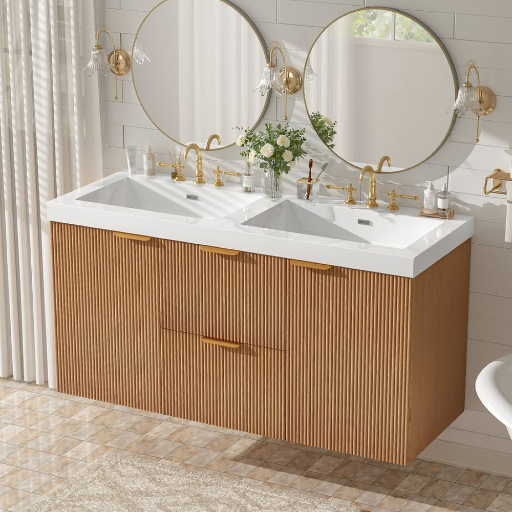 English Elm [video]47.24 Inch Floating Double Sink Vanity Mdf Cabinet Gold Handles Modern Bath N729P000025N