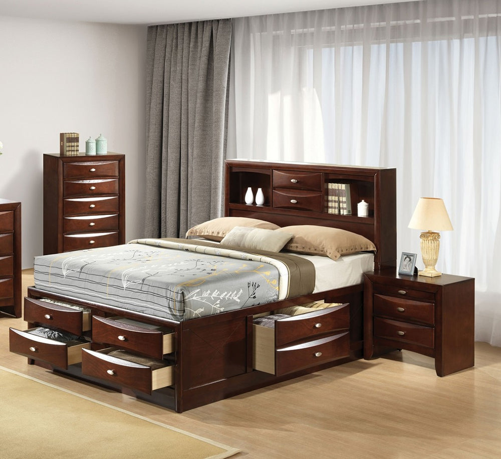 English Elm Contemporary Eastern King Storage Bed Set Cherry Wood Bookcase Headboard Nightstands B2741S00570