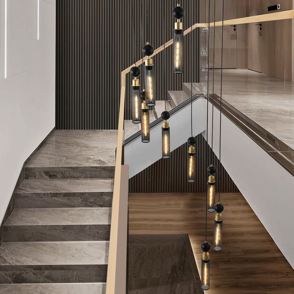 English Elm 24" Modern Industrial 9-Light Pendant Chandelier — Black & Gold Iron Mesh Shades, Adjustable Ceiling Fixture for Living Room Dining Staircase W1340P233176