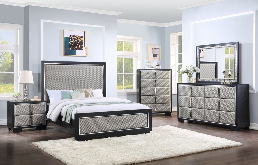 English Elm Silver Diamond Quilted 2-Drawer Nightstand with Chrome Accents, Black Finish, Spacious Top & Storage B062P209013