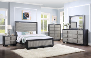 English Elm Silver Diamond Quilted 2-Drawer Nightstand with Chrome Accents, Black Finish, Spacious Top & Storage B062P209013