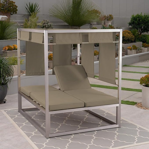 English Elm Christopher Knight Home® - 61409.00AGRY_61409.00BGRY Aluminum Daybed with Adjustable Canopy and Dual Chaise Lounges, Rust-Resistant Frame khaki 61409.00A_61409.00B