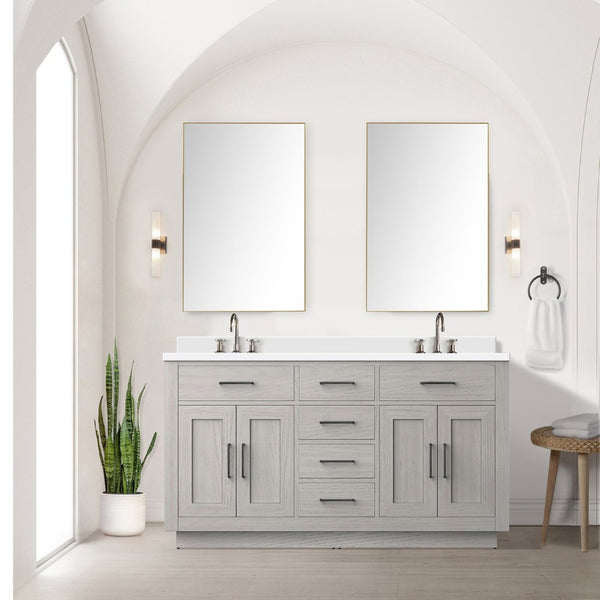 English Elm White Oak Double Bath Vanity Set With White Quartz Top, Frameless Mirror, And Chrome Faucets Included B2731S01696-GIGA