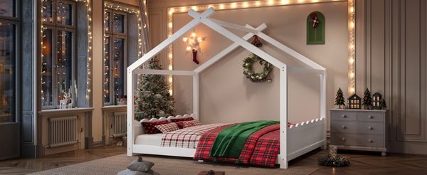English Elm Queen House Frame Floor Bed Solid Pine Montessori Low Profile Kids Bedroom Light White W1580P387847