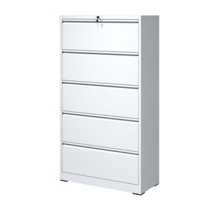 English Elm 5 Drawer Metal Lateral File Cabinet with Secure Locking System, Smooth Powder Coat, Quiet Ball-Bearing Slides for Heavy-Duty Legal and A4 Document Organization White T2398P182179