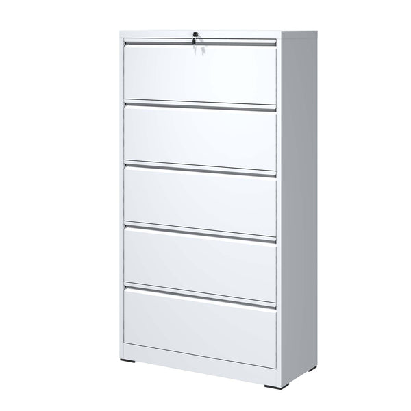 English Elm 5 Drawer Metal Lateral File Cabinet with Secure Locking System, Smooth Powder Coat, Quiet Ball-Bearing Slides for Heavy-Duty Legal and A4 Document Organization White T2398P182179