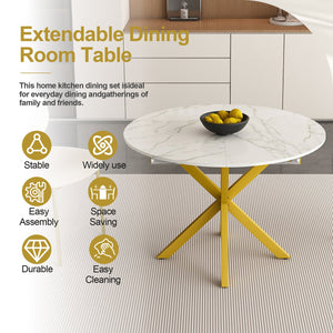 English Elm Modern Round Extendable Dining Table with Marble Vein Top, Carbon Steel X-Base, Seats 4-6, White W2700P331234
