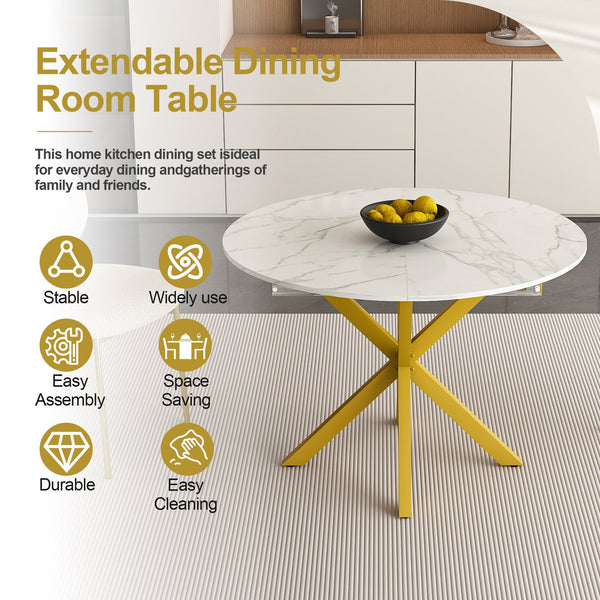 English Elm Modern Round Extendable Dining Table with Marble Vein Top, Carbon Steel X-Base, Seats 4-6, White W2700P331234