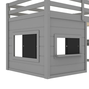 English Elm Twin Loft Bed House Frame with Sliding Chalkboard Built-in Bookshelf and Safety Rails Gray W1580S00320
