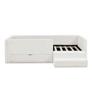 English Elm Twin Boucle Upholstered Kids Bed with Guardrails Built in Storage and Cushioned Step Stool Beige W1413P433364