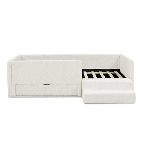 English Elm Twin Boucle Upholstered Kids Bed with Guardrails Built in Storage and Cushioned Step Stool Beige W1413P433364