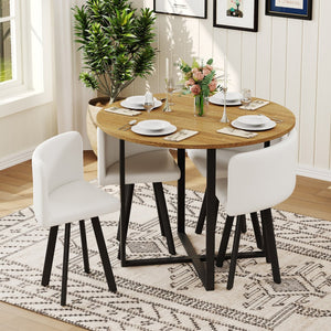 English Elm 5 Piece Round Faux Marble Dining Set with Pu Leather Chairs for Small Apartments White,Wood W3875S00085