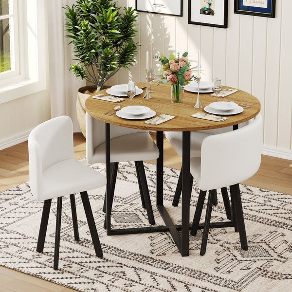 English Elm 5 Piece Round Faux Marble Dining Set with Pu Leather Chairs for Small Apartments White,Wood W3875S00085