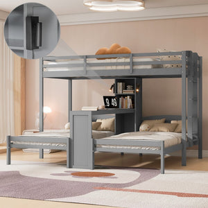 English Elm Twin Triple Bunk Bed with Built in Desk Open Shelving and Led Task Lighting Gray N7090002243E