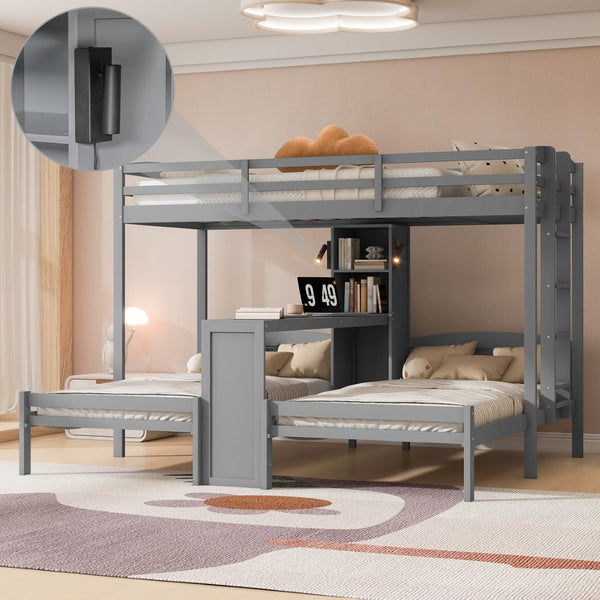 English Elm Twin Triple Bunk Bed with Built in Desk Open Shelving and Led Task Lighting Gray N7090002243E