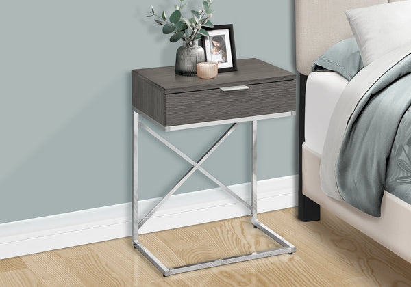 English Elm Accent Table – Modern Grey Laminate Nightstand With Chrome Metal Frame & Storage Drawer For Any Room B2710P219299