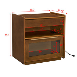 English Elm Mid Century Modern Nightstand With Usb Charging Ports, Glass Drawer & Ample Storage For Any Room W1801P303389