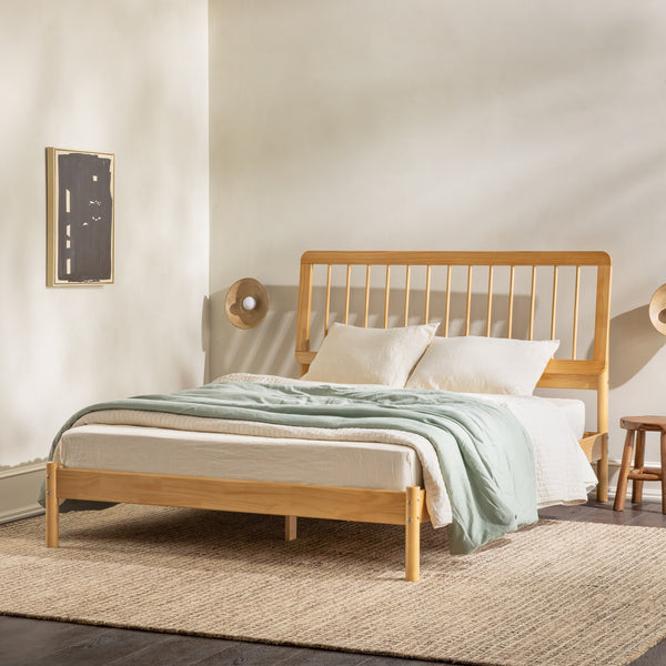 English Elm Walker Edison - Mid-Century Solid Pine Queen Spindle Bed Frame with Slat-Back Design, Warp-Resistant Slats, Sturdy Support Natural Wood 84.5 L x 25 W x 5 H B185P169116