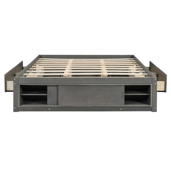 English Elm Queen Platform Bed with Four Storage Drawers Footboard Cubby Modern Low Profile Frame Gray LP000138AAE