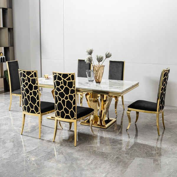 English Elm Luxury Gold Pvd Steel Rectangular Dining Table with Black Tempered Glass Seats Six White+Gold W2723S00086