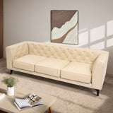 English Elm 92.52 Inch Genuine Leather Couch 3-Seater Sofa With Tufted Back,Grain Leather Couch With Feather,Comfy Sofa For Living Room Apartment, Comfy Sofa Couch With Extra Deep Seats,Beige