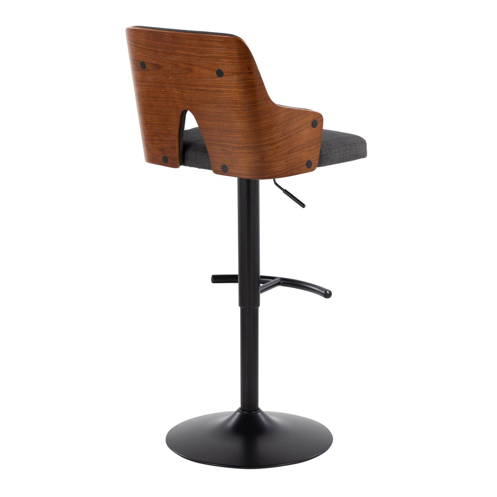 English Elm Stella Adjustable Barstool Pair with Swivel, Walnut Wood Back & Charcoal Fabric on Black Metal Base B202S01006