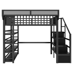 English Elm Full Metal Loft Bed with Stair Storage Rgb Lighting and Charging Station for Teens Black W2580S00074