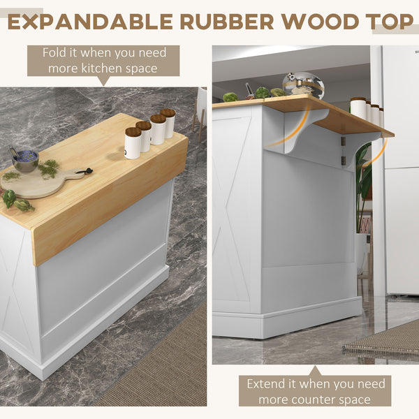 English Elm HOMCOM Mobile Kitchen Island with Drop Leaf Breakfast Bar, Rubberwood Top, Locking Casters & Storage White W2225P217403